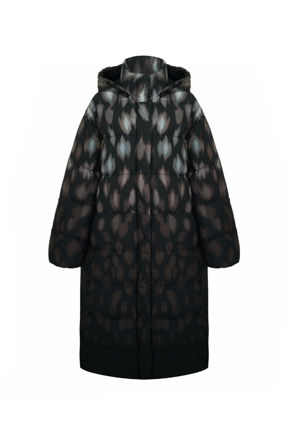 Пуховик длинный с принтом